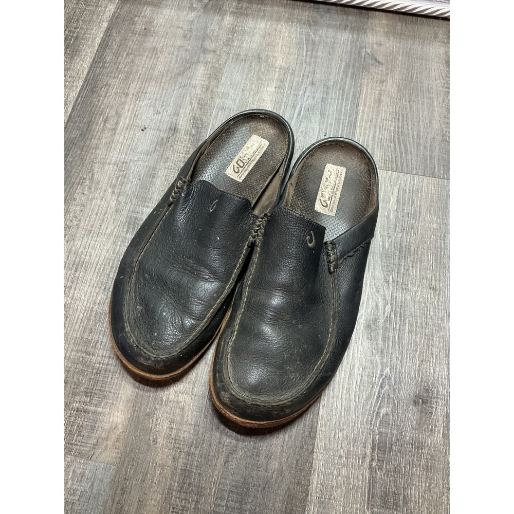 Olukai Kono Black Leather Slip On Scuff Slippers Mens 13 10119-4033